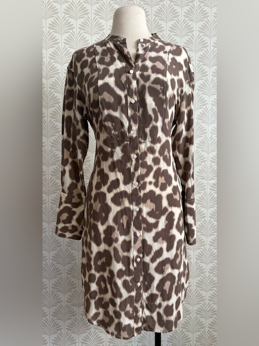 J. Crew Leopard-Print Button-Front Long Sleeve Silk Dress